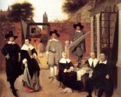 皮特尔 德 胡格 : Portrait of a Family in a Courtyard in Delft